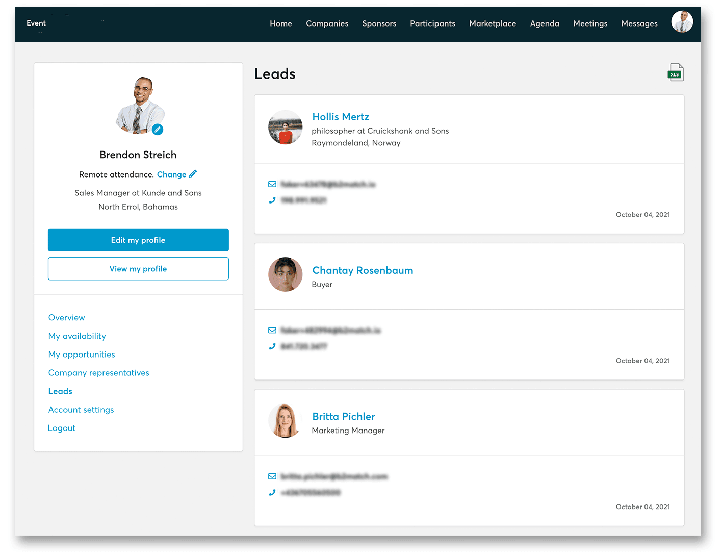 Screenshot of exhibitor profile that displays attendee profiles of those that interacted with them and excel icon to download info