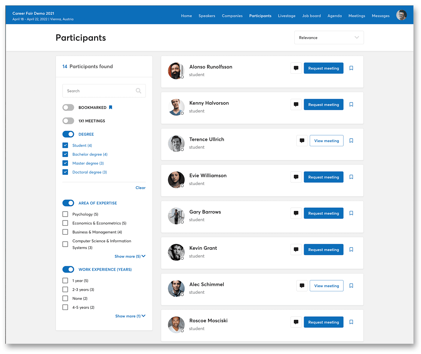 Screenshot of b2match marketplace filled with meeting opportunites based off of search critieria like degree, area of expertise, work experience etc