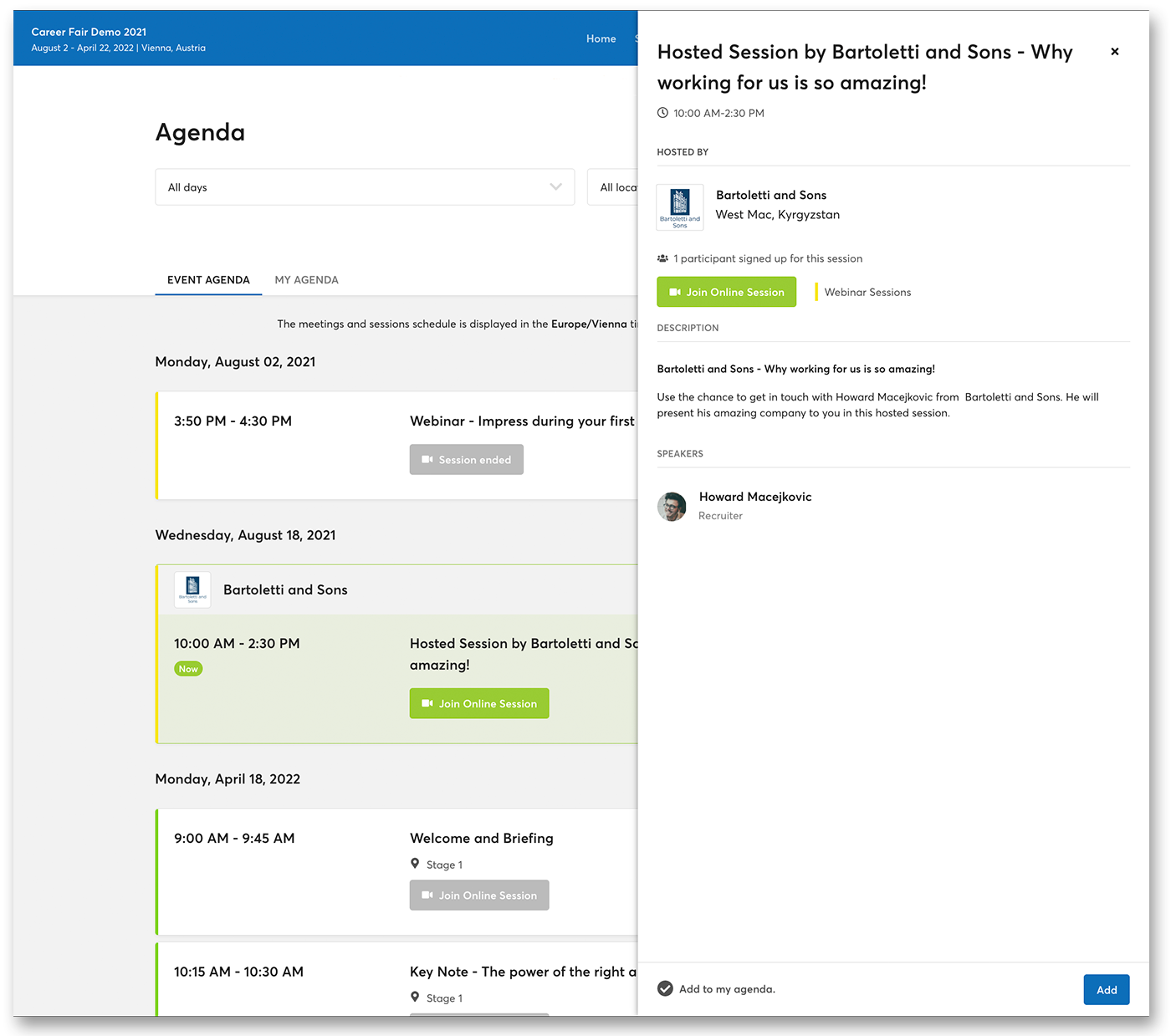 Screenshot of the event agenda displaying a hosted session and extra window open to with company detail and add to my agenda button