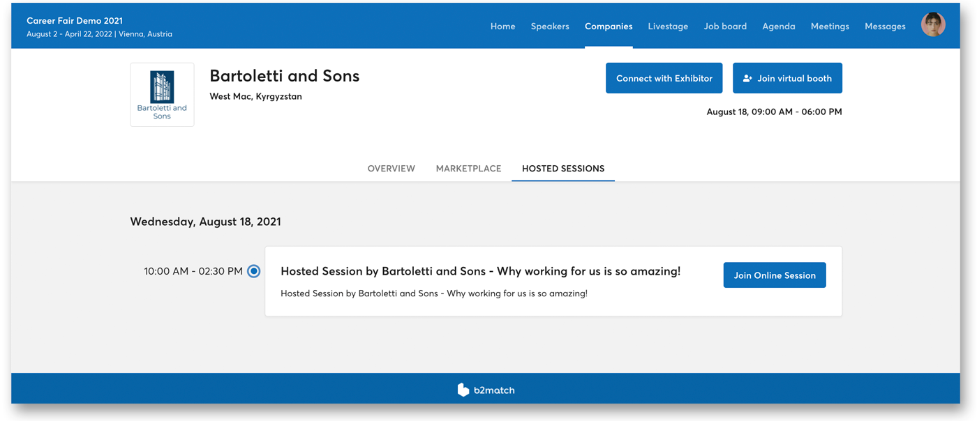Screenshot of hosted session in the company profile with connect with exhibitor and join virtual booth buttons