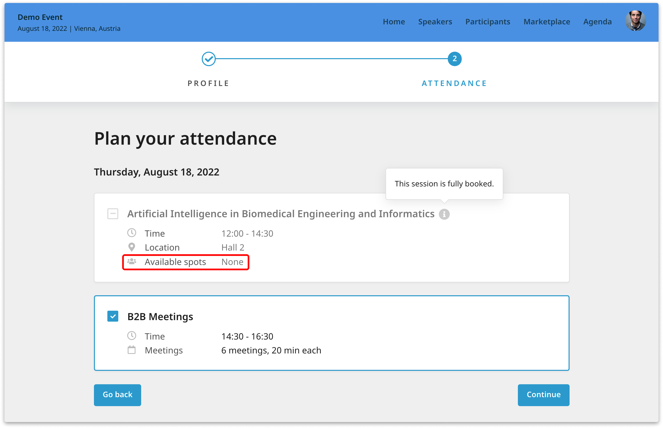 Session registration at a b2match networking event showing sessions with no available spots and open sessions