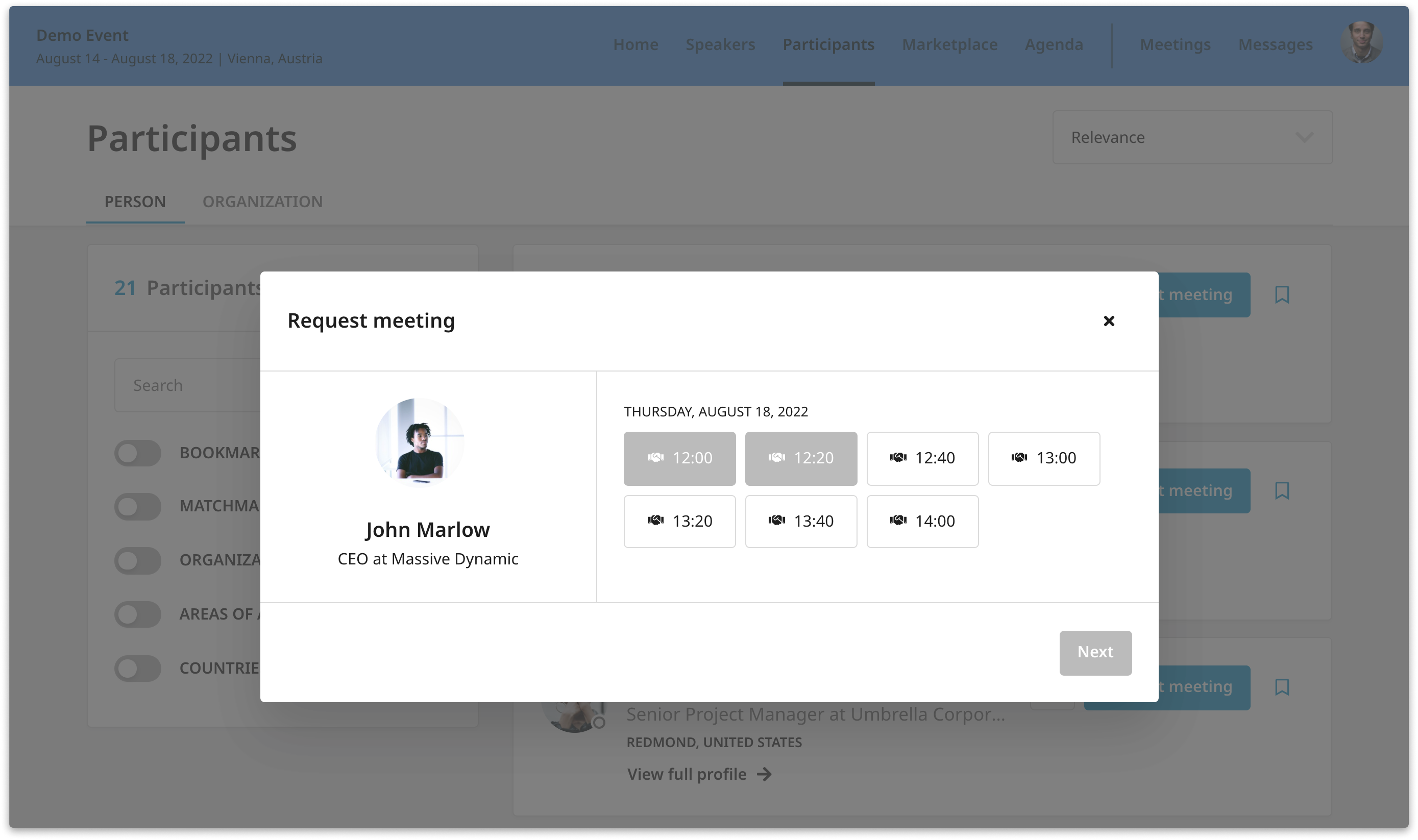 Meeting request in a matchmaking event with options to schedule a meeting for a specific and available time