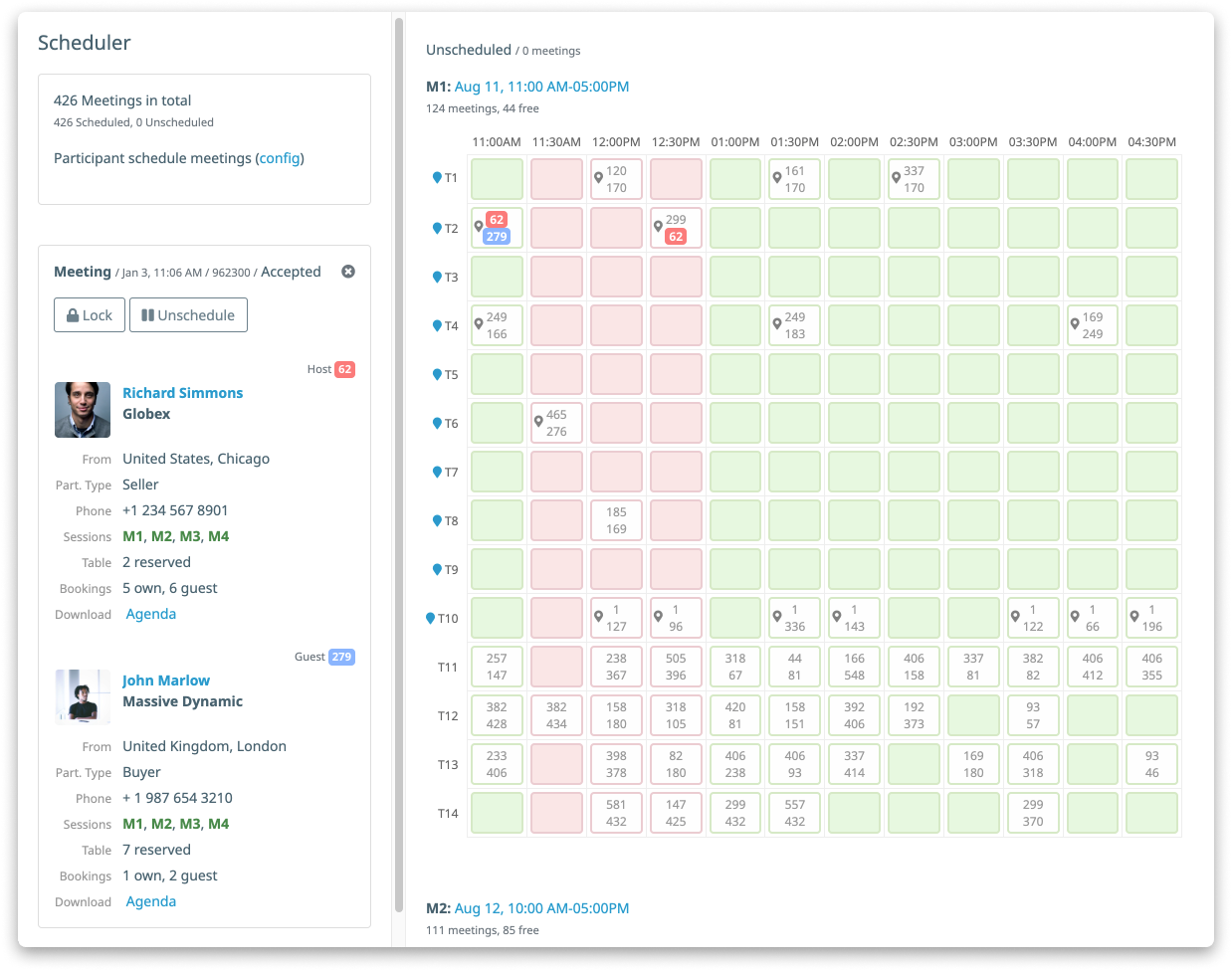 Meeting table scheduler tool in the b2match event app with open and reserved tables and attendee details for a specific spot