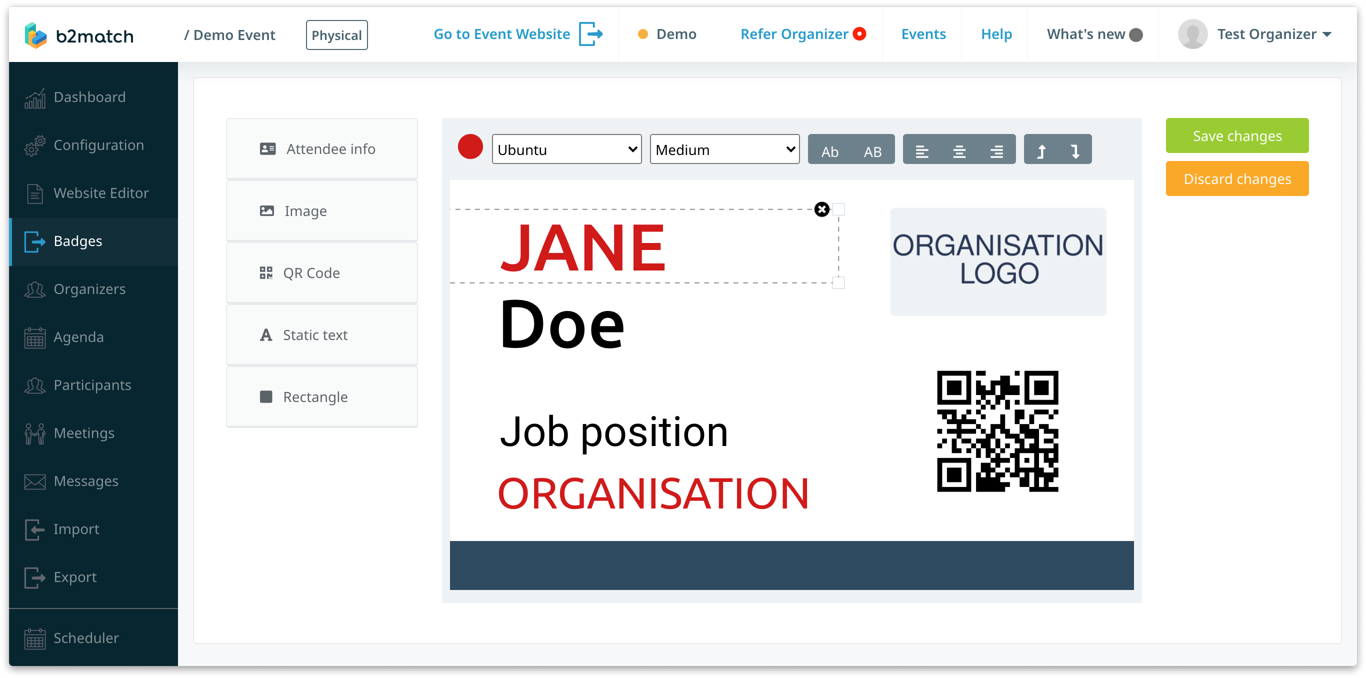 Event badge editor in the b2match tool with example of badge design with name, organisation, position, logo and QR code