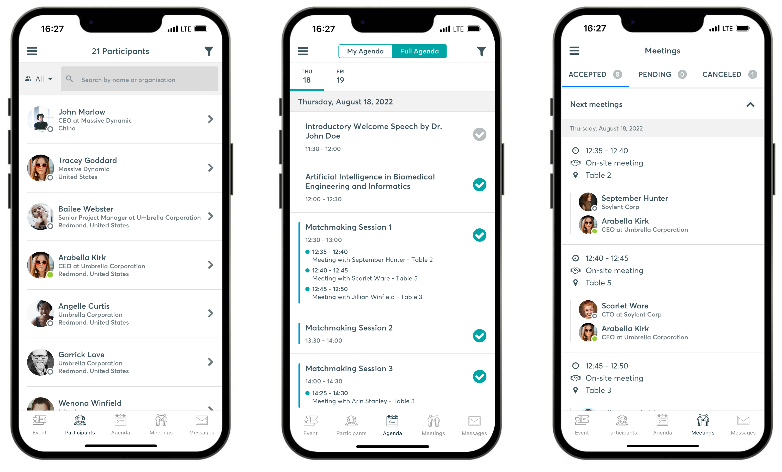Three smartphones with views of b2match event app, first with list of event attendees, second with list of meetings and sessions from personal agenda, third with list of accepted meetings