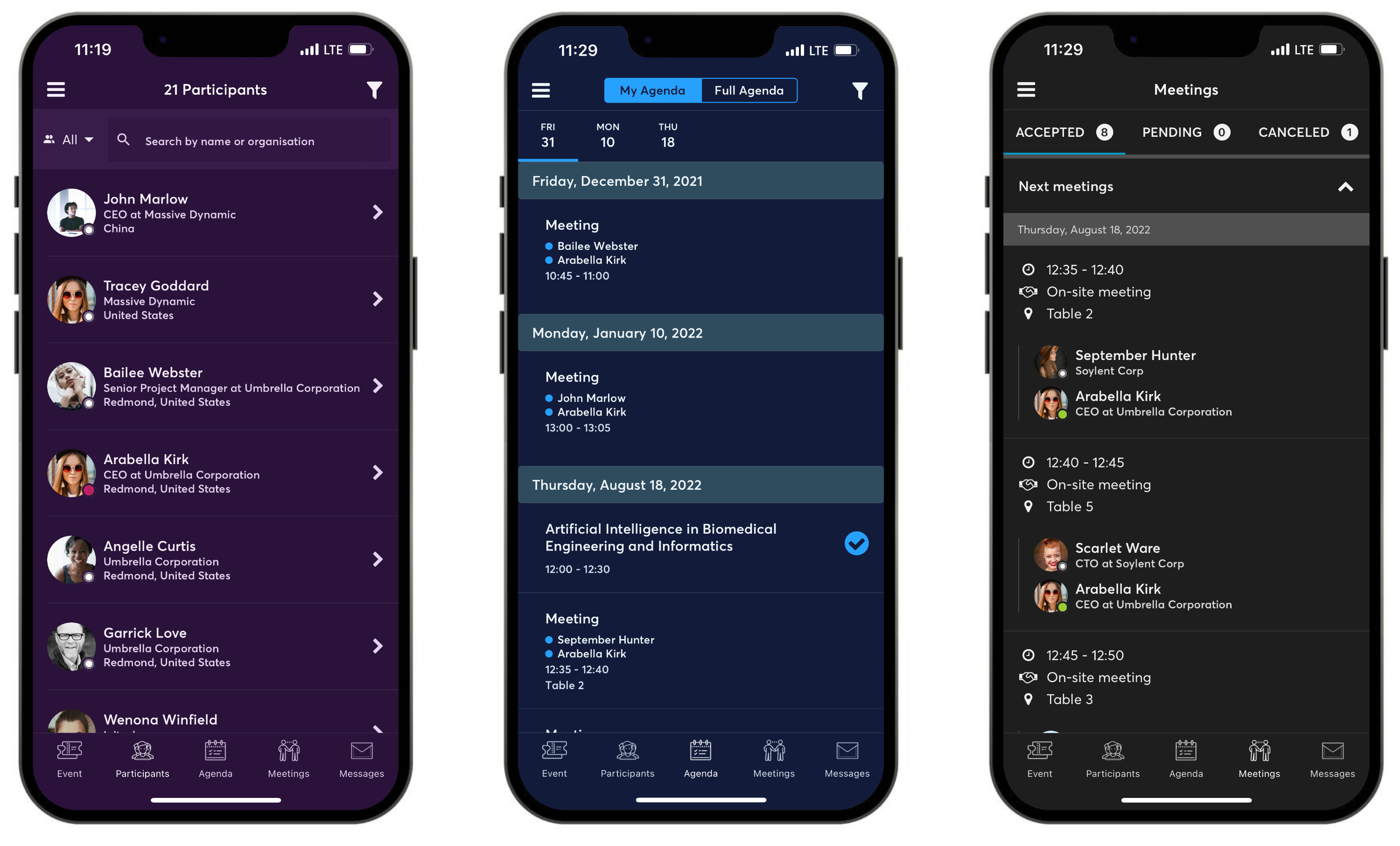 Three smartphones with views of b2match event app, first with list of event participants with violet background, second with meetings and sessions of peresonal agenda with blue background, third with accepted meetings with dark grey background