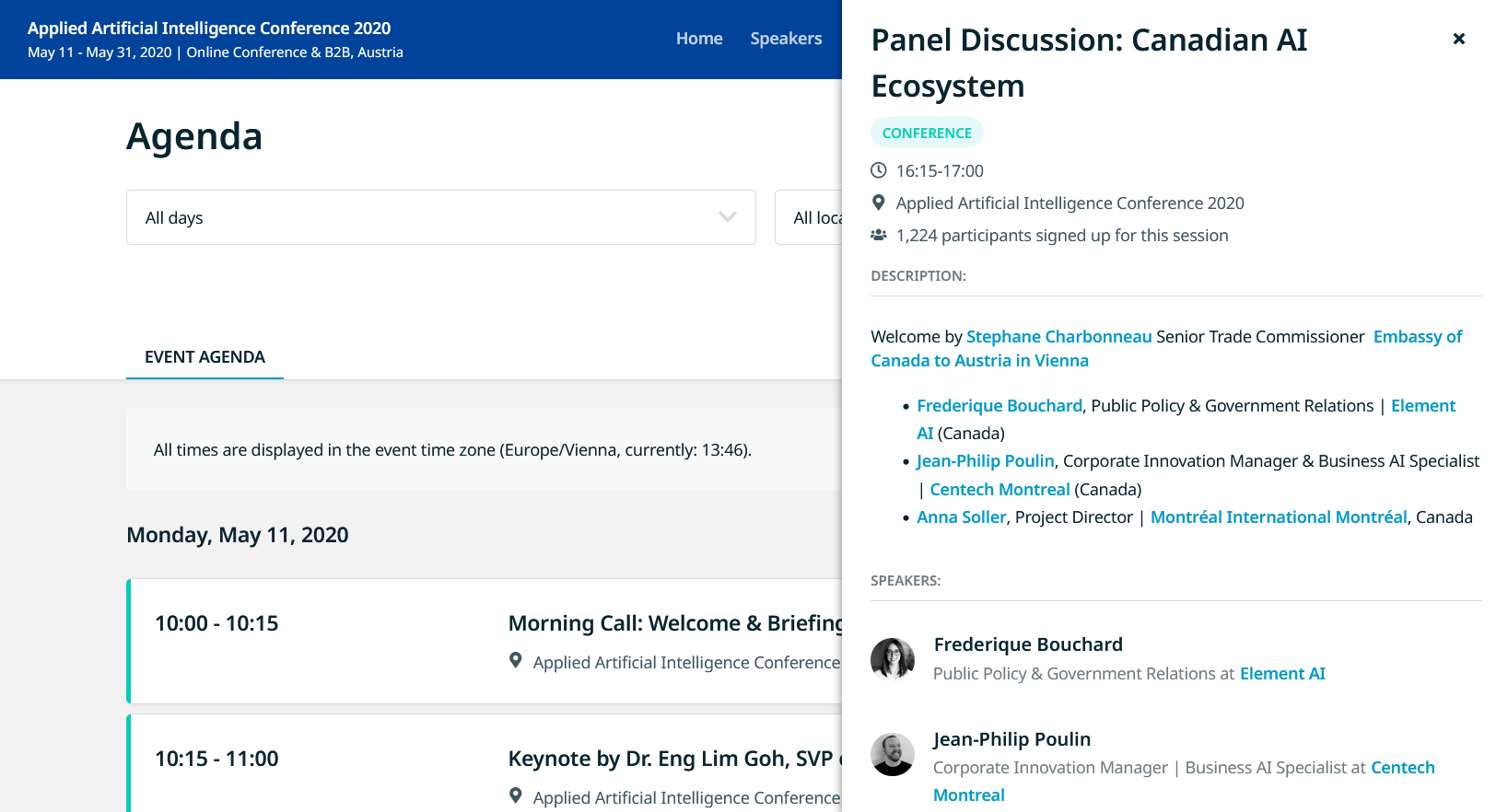 Agenda tab with an opened window of the Panel Discussion containing session information, description, number of people signed up for the session and linked speakers profiles.