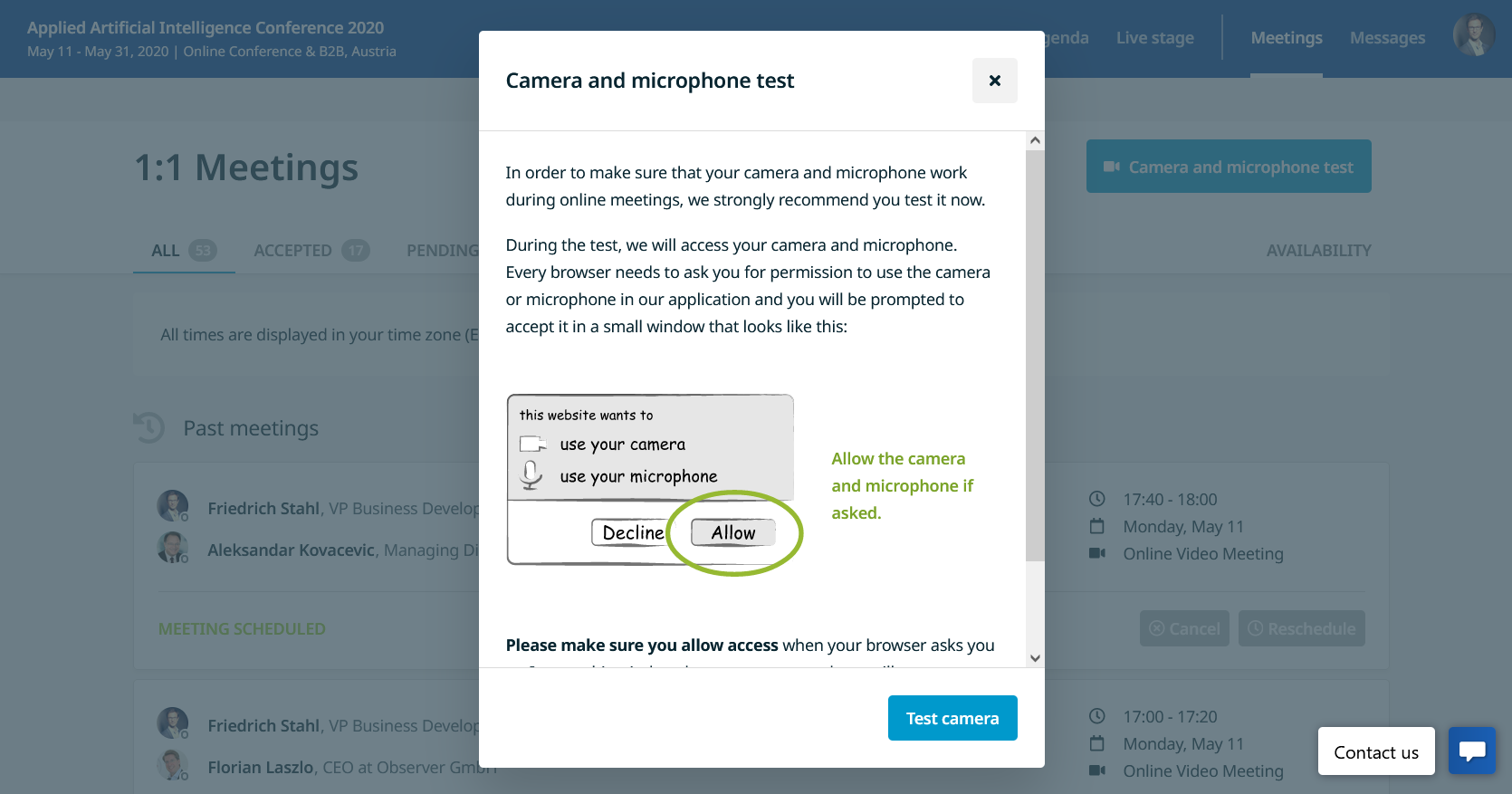 Window with the Camera and Microphone Test and a step to step instructions on how to complete the test.