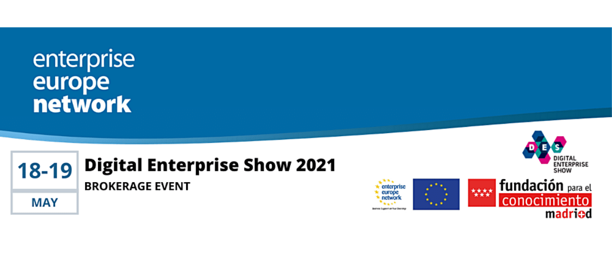 Event header of the event EEN Digital Enterprise Show 2021 with enterprise europe network logo, EU logo, fundacion conocimiento madrid logo