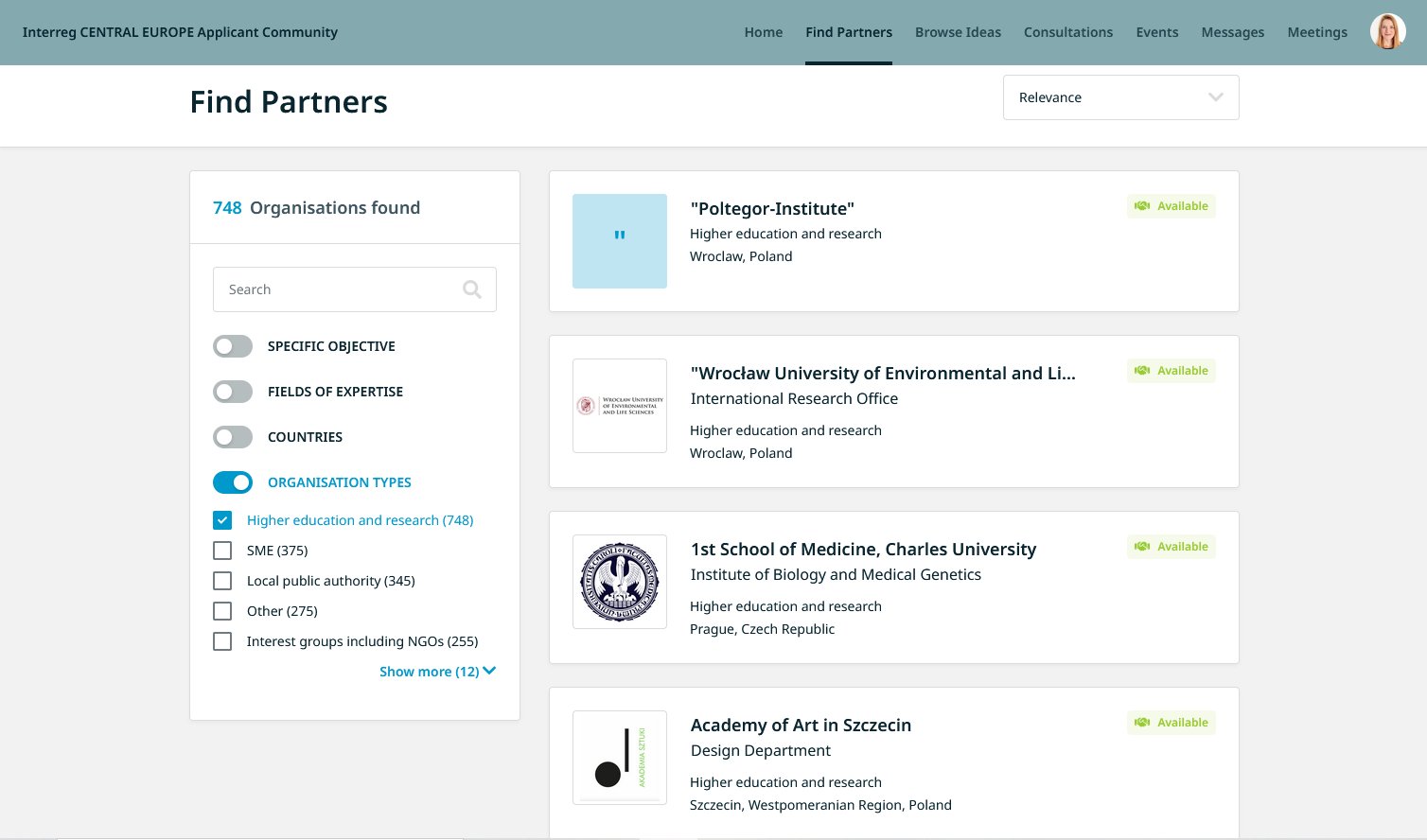 Find Partners page showing organizations of Higher Education and Research filtered by the Organisation Type.