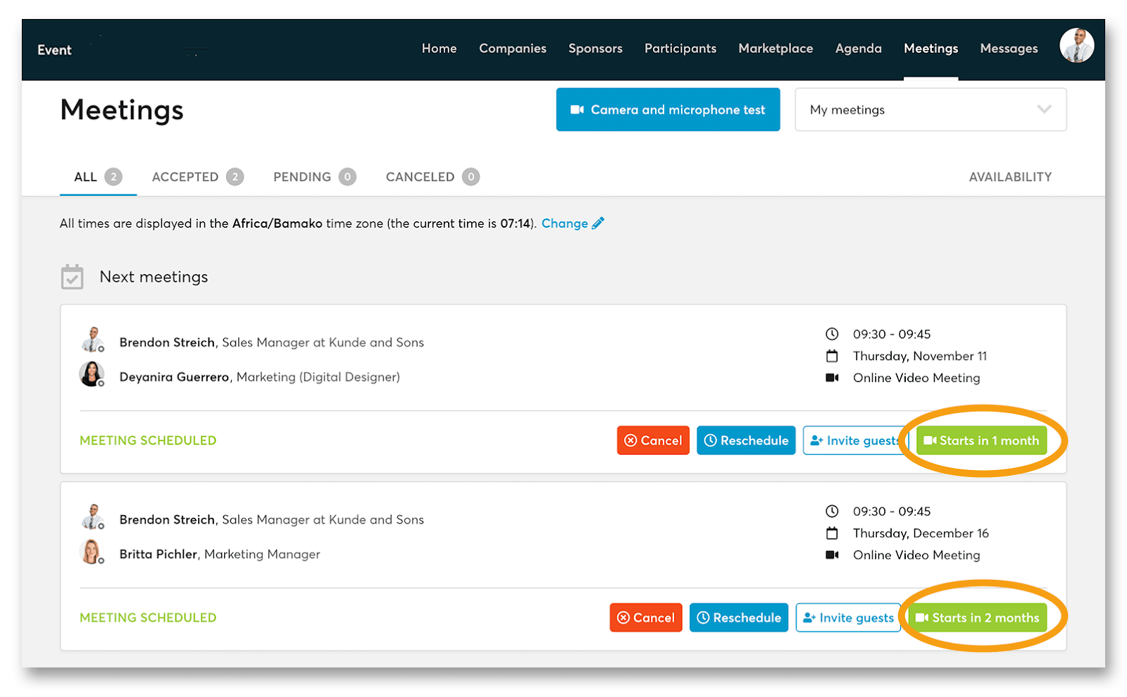 Screenshot of participant meetings set up for long-term matchmaking in an agenda like format