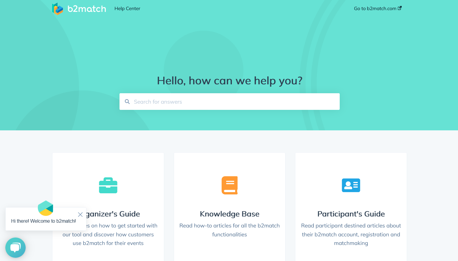 Home page of the b2match Help Centre containing a search bar and various categories like Organizers guide, Knowledge Base and Participant's Guide.