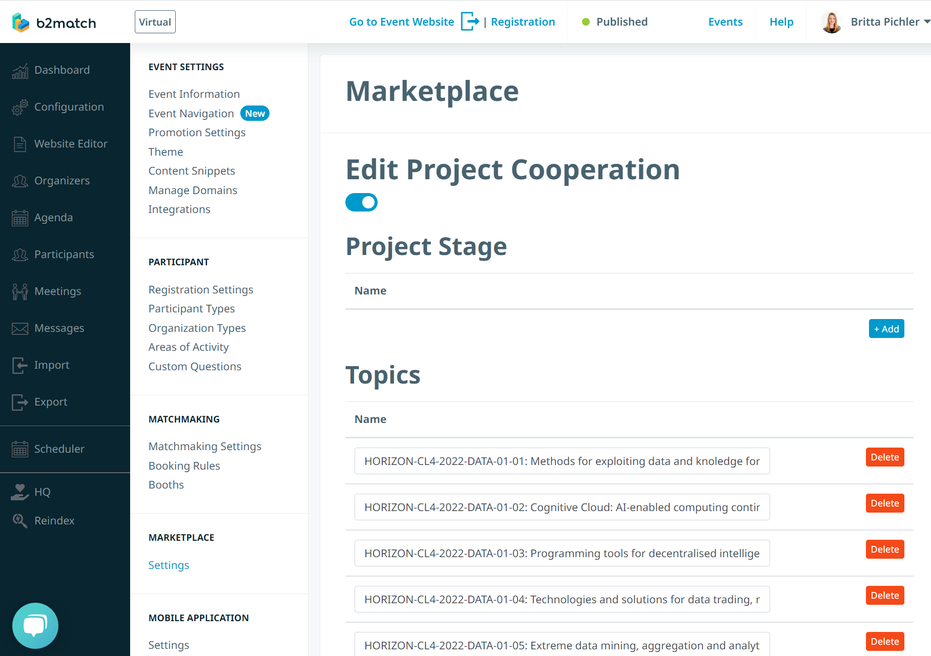 Marketplace settings for the Project cooperation and sub-topics in the b2match admin.