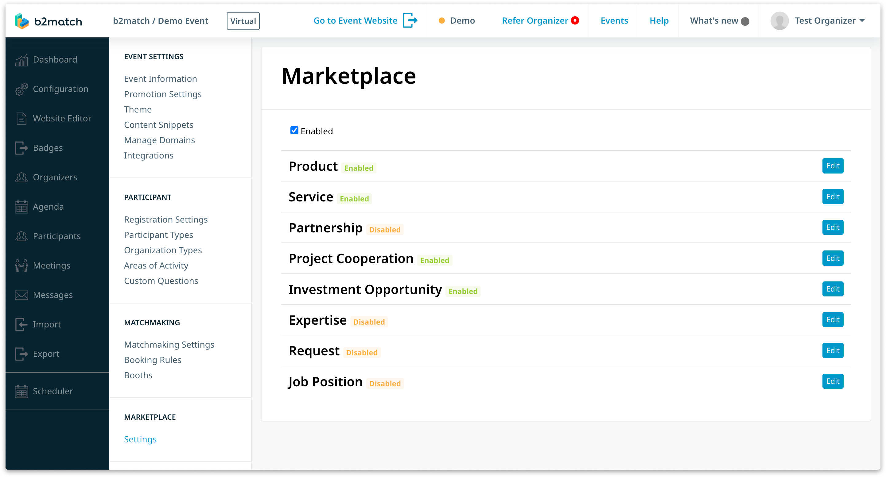 Screenshot of b2match organizer tool showing opportunity categories such as product, suervice partnership etc