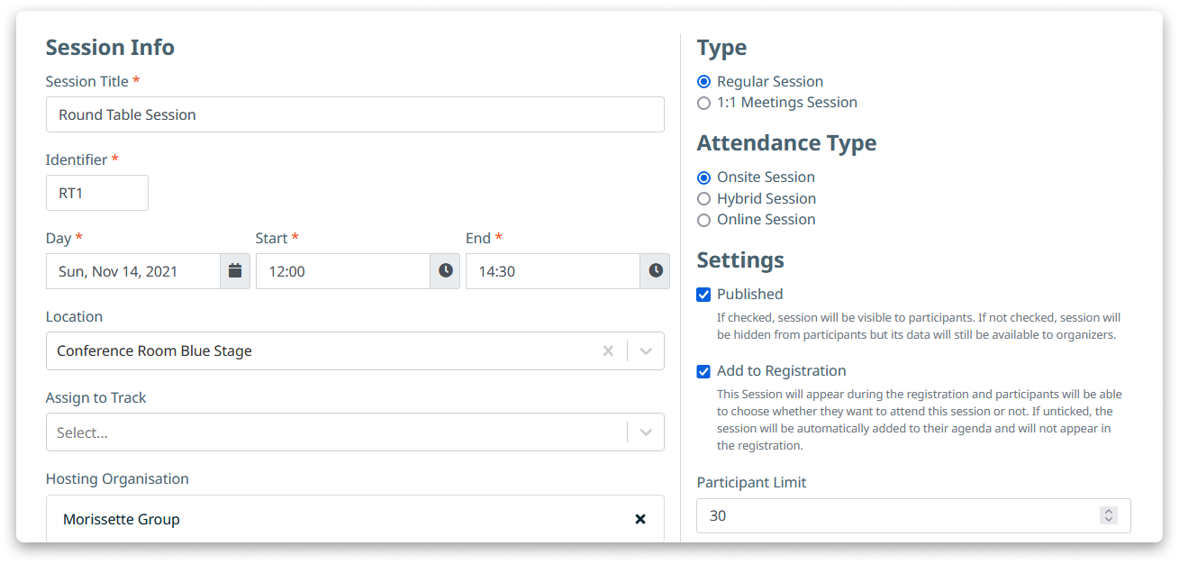 Session settings in the b2match event networking platform showing fields as session titel, identifier, day, start, end, location, assign to track, hosting organisation, choose between regular or 1-to-1 meeting sessions, attendance type, published, add to registration and participant limit