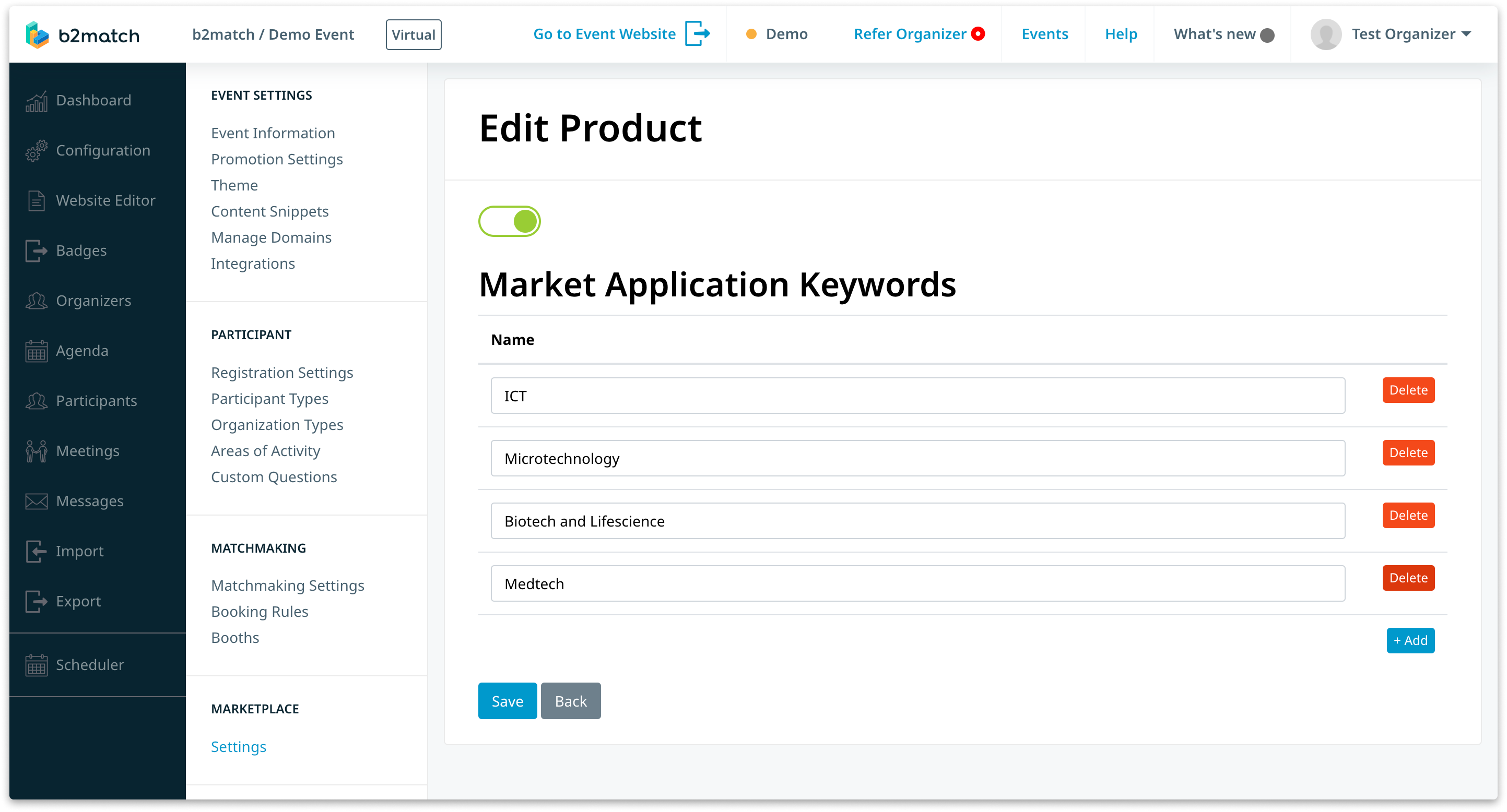 Screenshot of b2match organizer tool showing customizable opportunity classifiers within a Marketplace category. Example edit product market application keywords