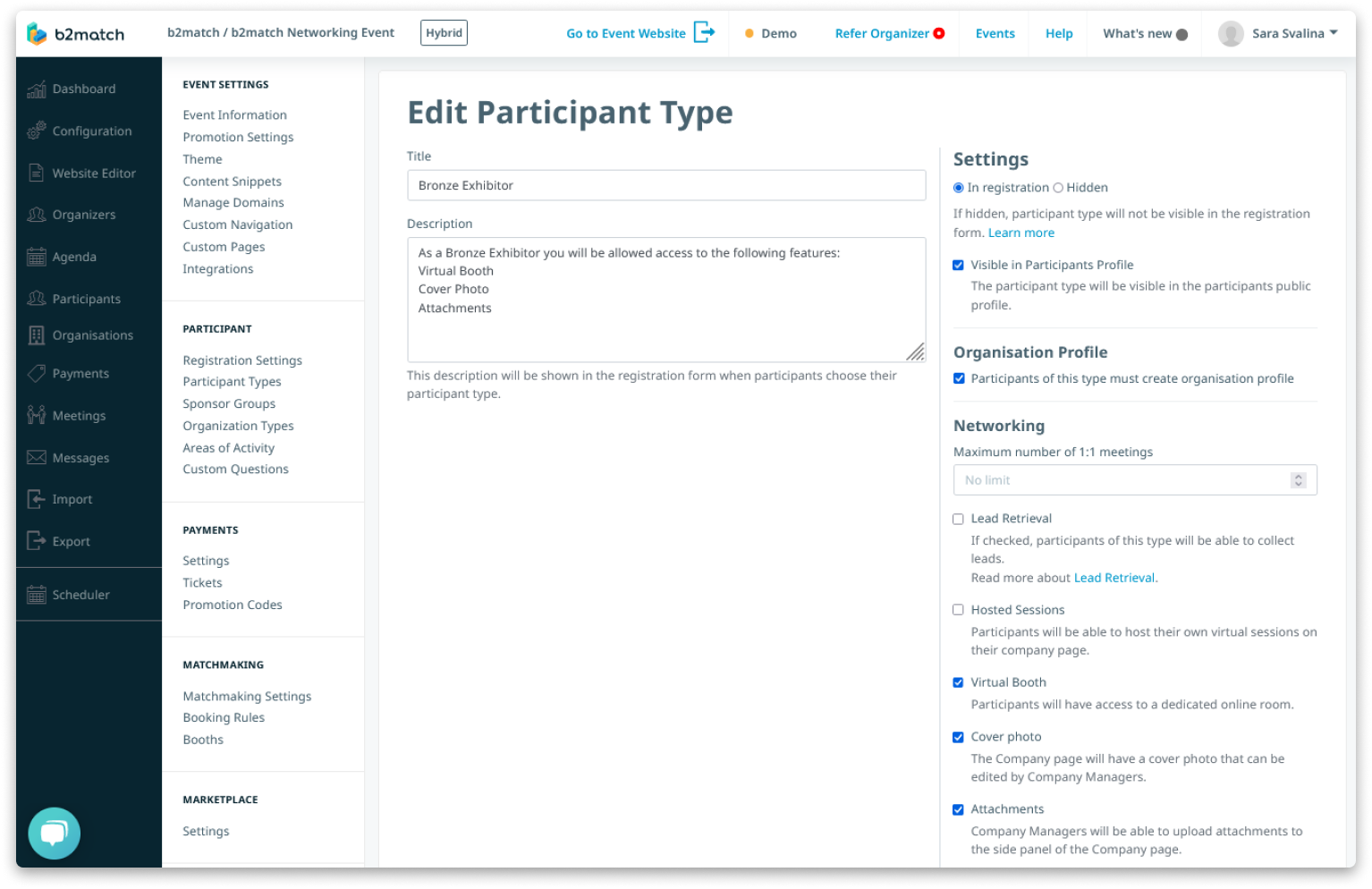 Screenshot of b2match organizer backend tool where organizers can assign participants types accordingly