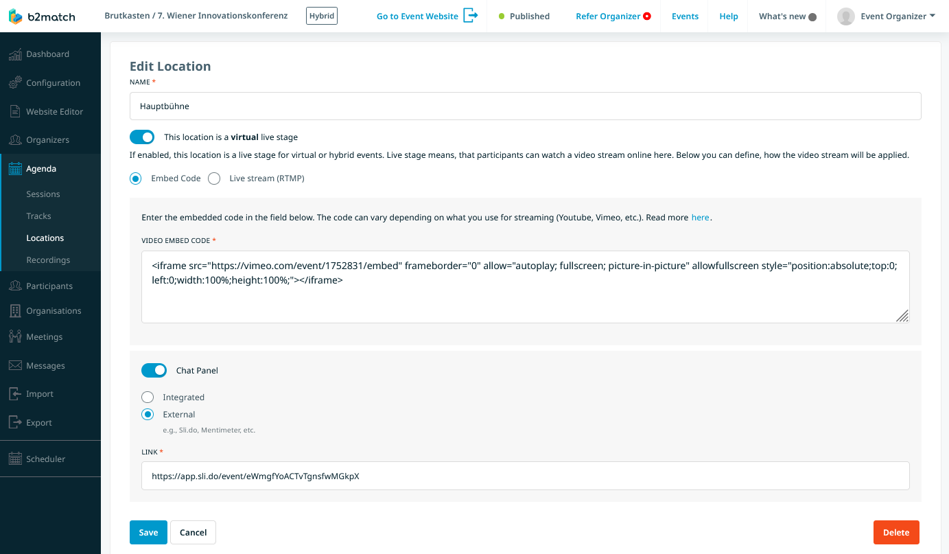 Edit Location page in the b2match tool with the options for editing the name of the location and setting up the virtual live stage via Embed Code or the Live stream (RTMP).