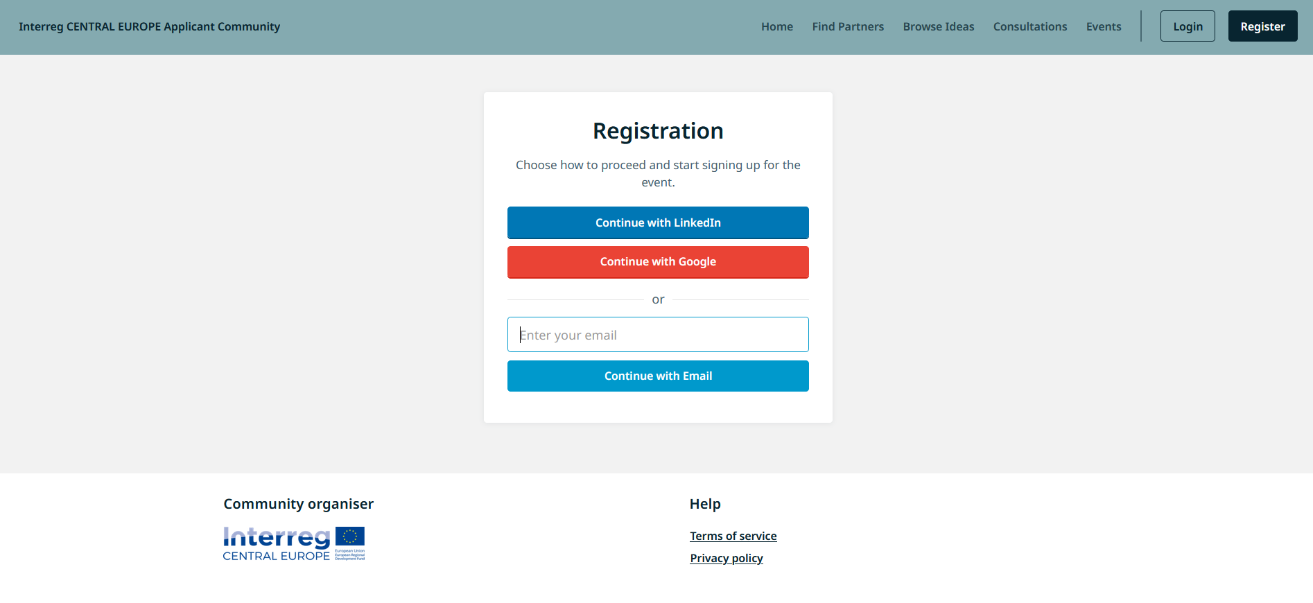 Registration page with the options for registering with a social link (LinkedIn, Google) or an email address.