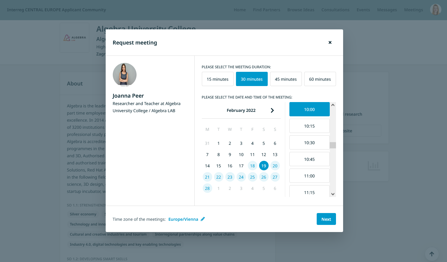 Request Meeting window with selected meeting duration, date and time of the meeting request for the participant Joanna Peer.