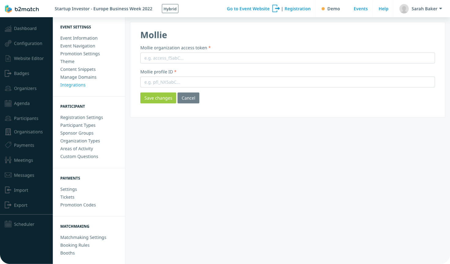 Ein Screenshot zeigt den Bildschirm zur Einrichtung der Mollie-Integration im b2match-Organizer-Tool.