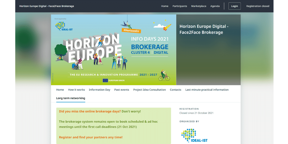 Screenshot of Horizon Europe Digital Face2Face Brokerage event website selected on post event matchmaking page to inform attendees they can sign up for it.