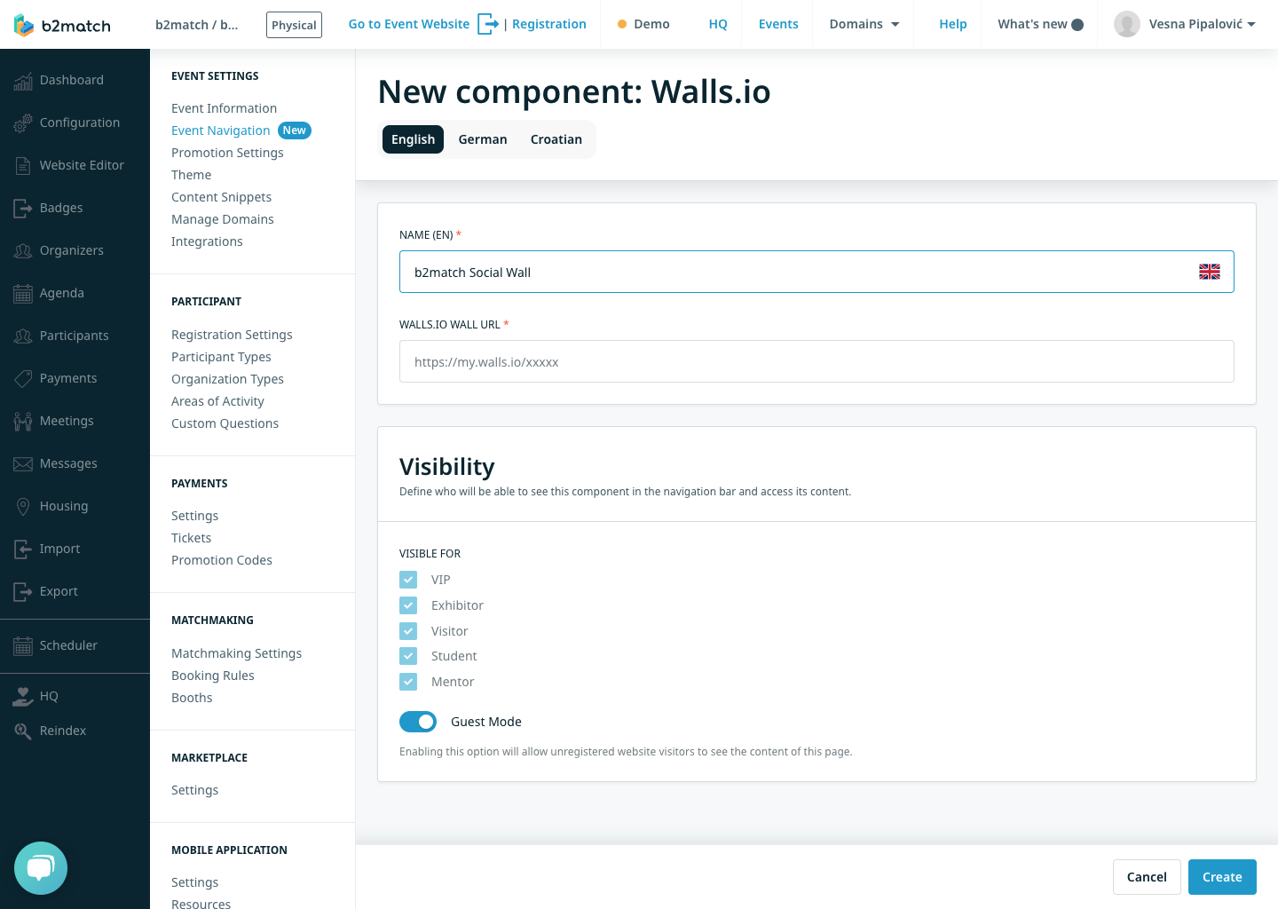 Creating a new component named Walls.io in the event navigation settings in the b2match admin.