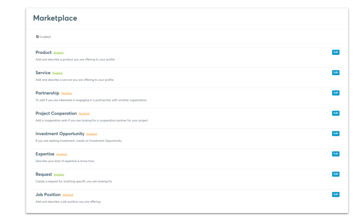 Marketplace settings on b2match platform with list of categories with buttons to edit with categories as product, service, partnership, project cooperation, investment opportunity, expertise, request, job position