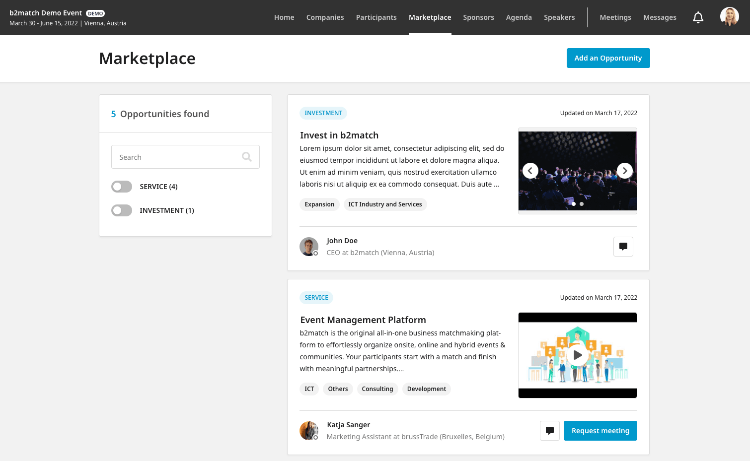 b2match marketplace showing two opportunities with search function