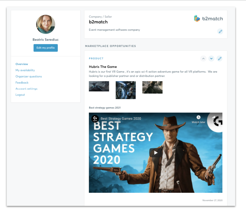 Marketplace entry on the b2match plarform in the creators profile with profile details and blue button to "edit my profile" on the left side. Right side top company information with logo and name, below marketplace entries with category name "product", product name, description, images and embedded video