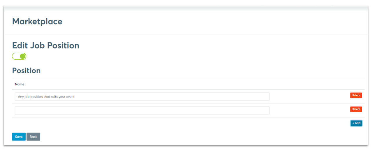 Marketplace categorie settings on b2match platform for job position with green slider button and rows to inlcude name of positions and buttons on the right side to delete a row and an "add" button to include more rows