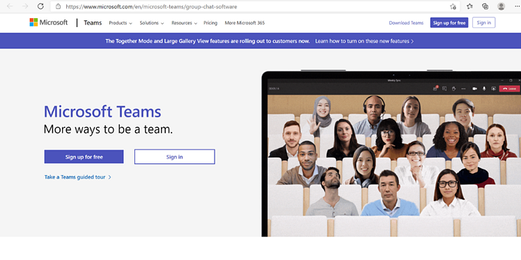 Microsoft teams homepage with buttons on the left side to "sign up for free" and "sign in" and image of siteen people sitting in an auditorium